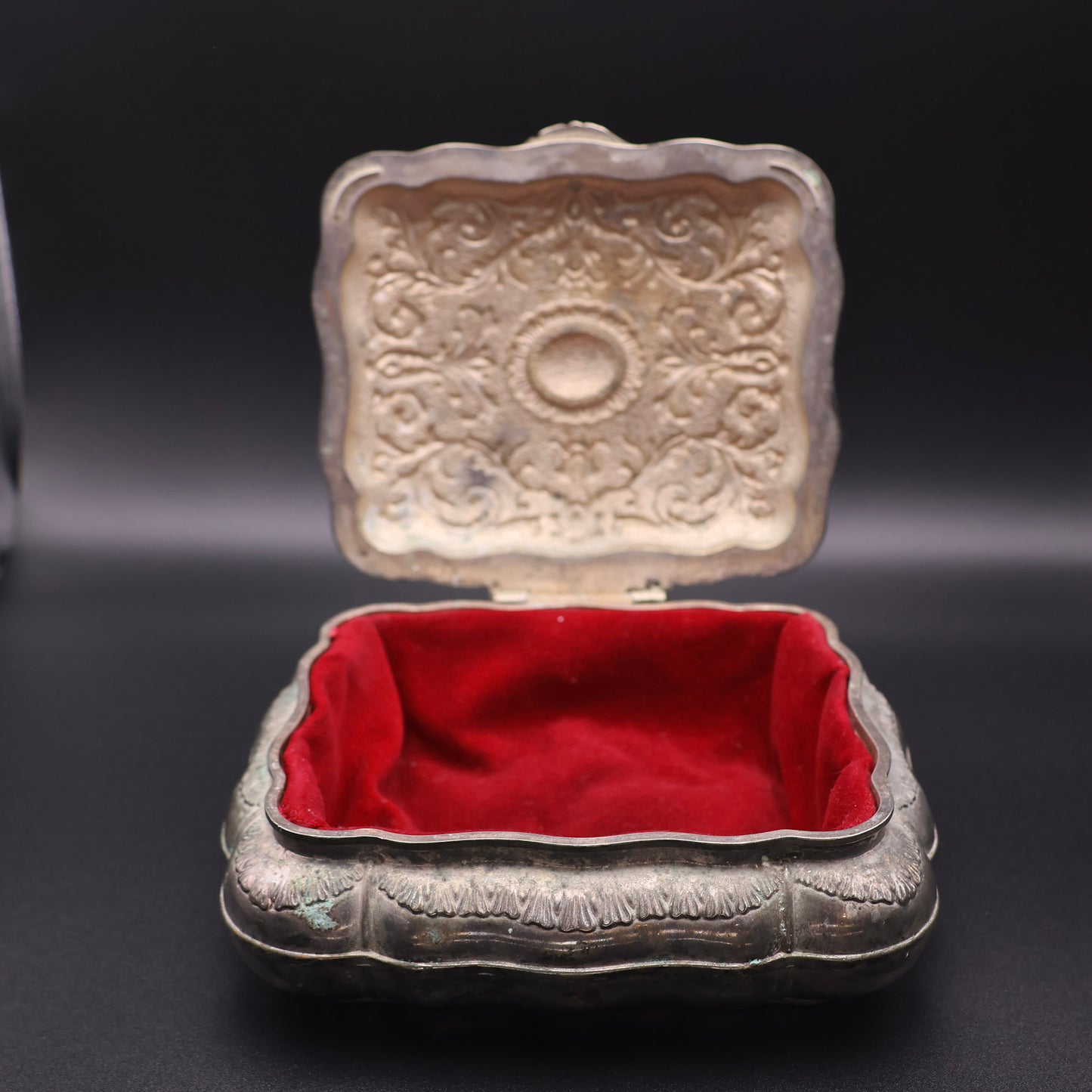 Antique Silverplate Jewelry Casket with Red Velvet Lining