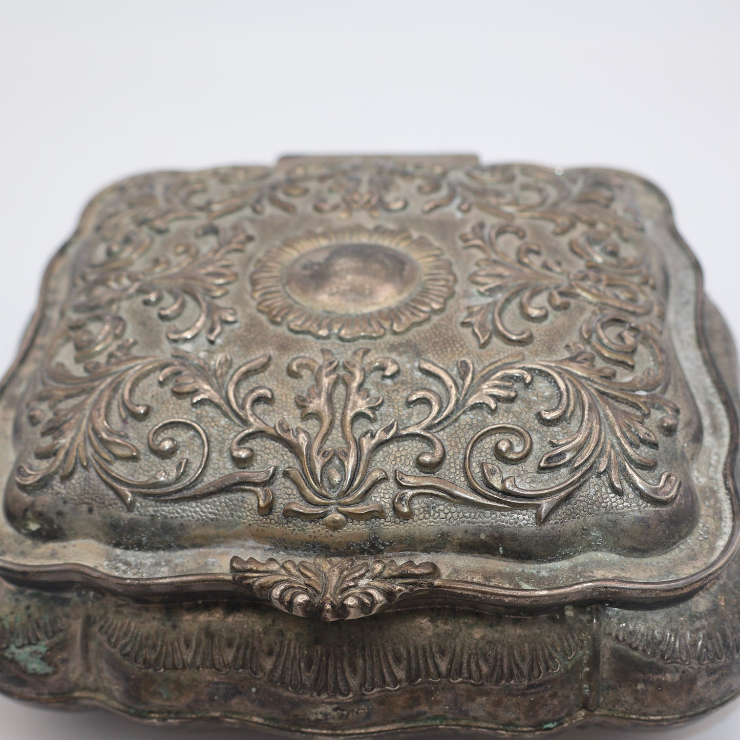 Antique Silverplate Jewelry Casket with Red Velvet Lining
