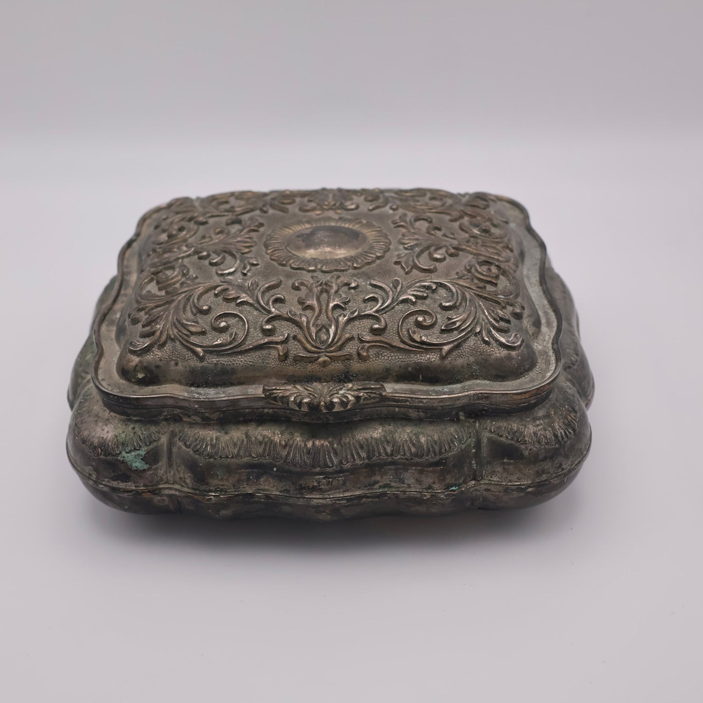 Antique Silverplate Jewelry Casket with Red Velvet Lining