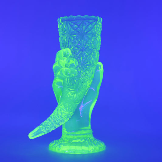 Duncan & Sons Daisy Button Uranium Glass Hand Vase