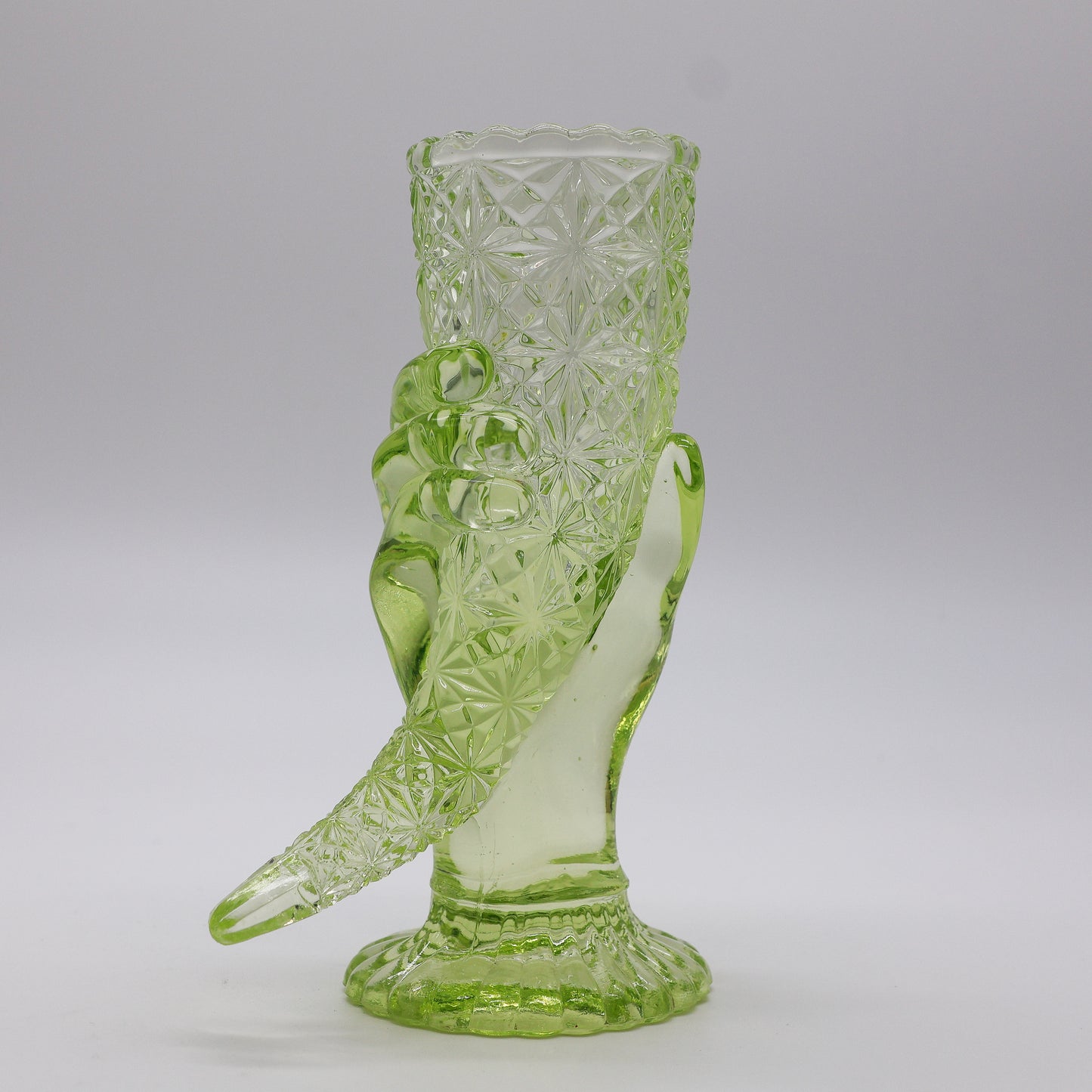 Duncan & Sons Daisy Button Uranium Glass Hand Vase