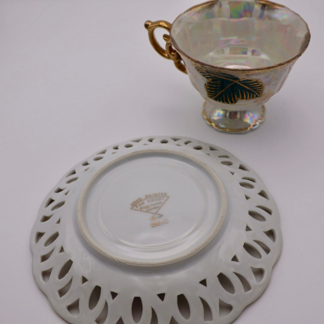 Fan Crest Iridescent Tea Cups with Saucers