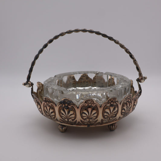 Vintage Glass Ashtray in Metal Basket