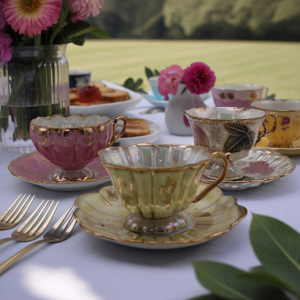 Fan Crest Iridescent Tea Cups with Saucers