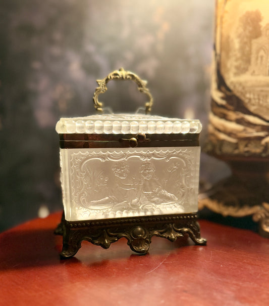 Antique Frosted & Cut Glass Jewelry Casket with Cherub Motif