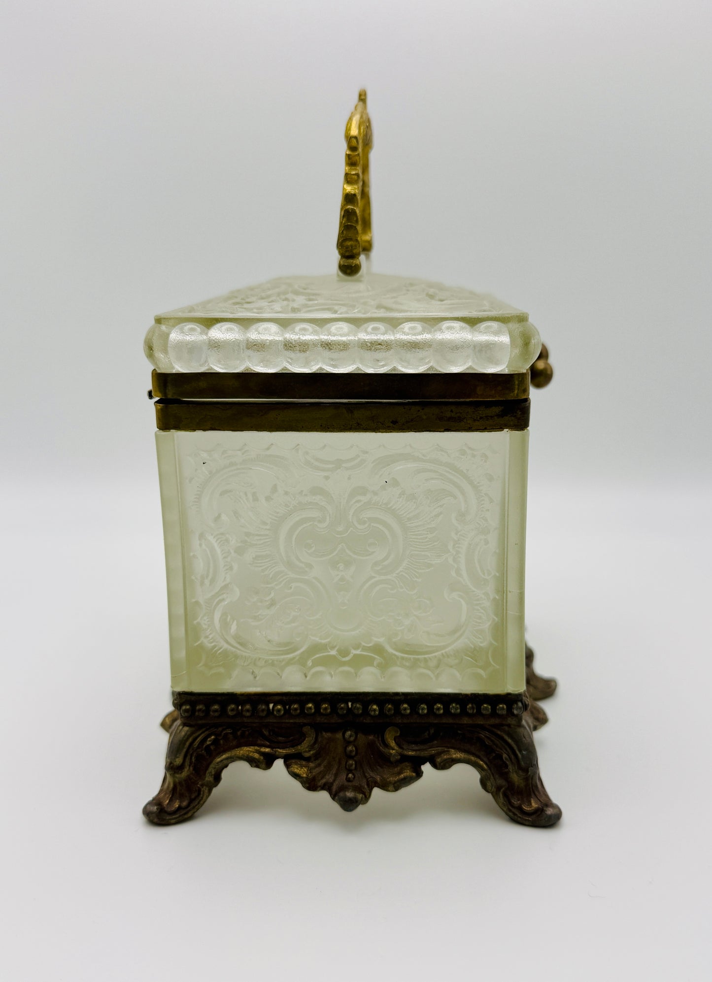 Antique Frosted & Cut Glass Jewelry Casket with Cherub Motif