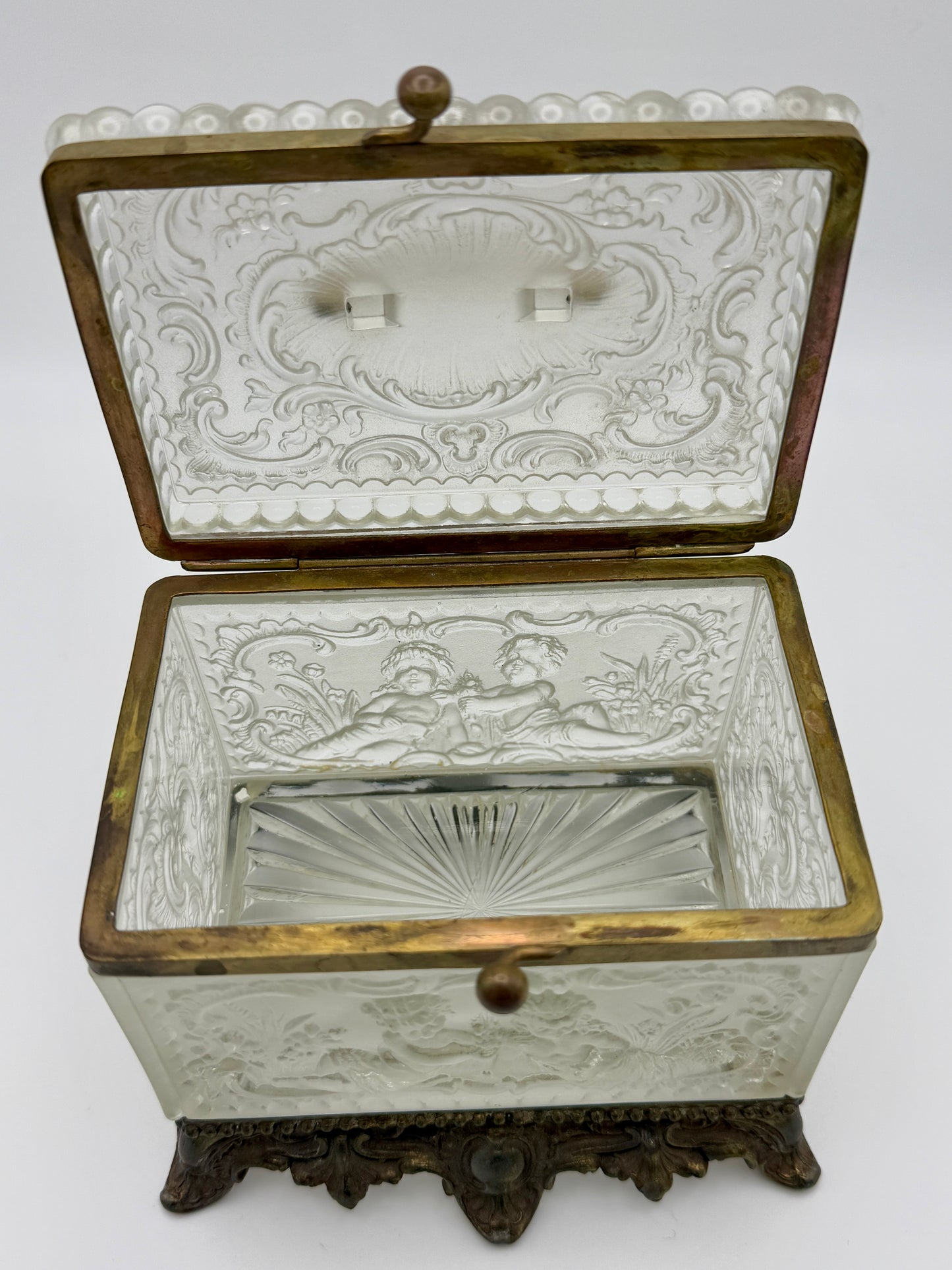 Antique Frosted & Cut Glass Jewelry Casket with Cherub Motif
