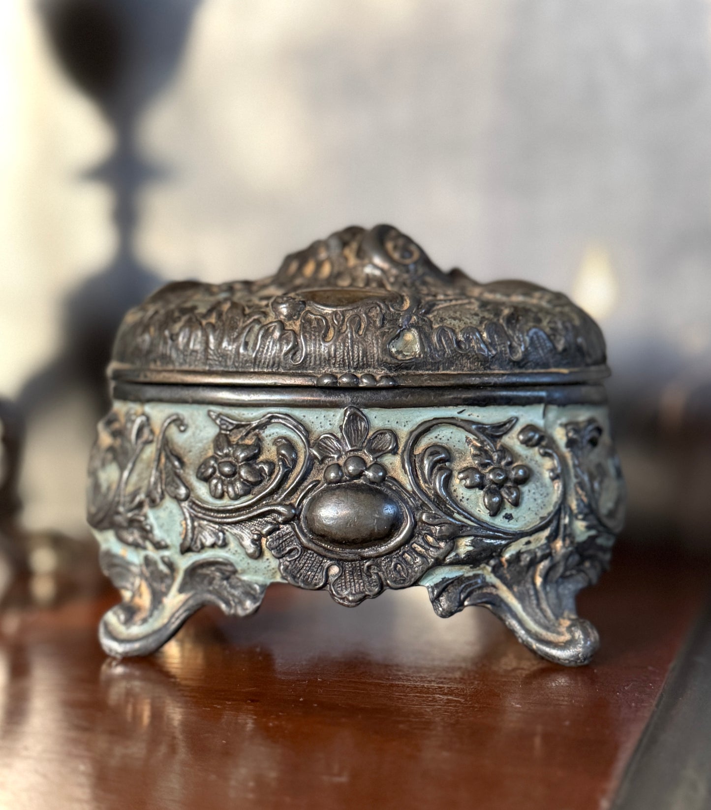 Antique Ormolu-Style Jewelry Casket With Verdigris Patina