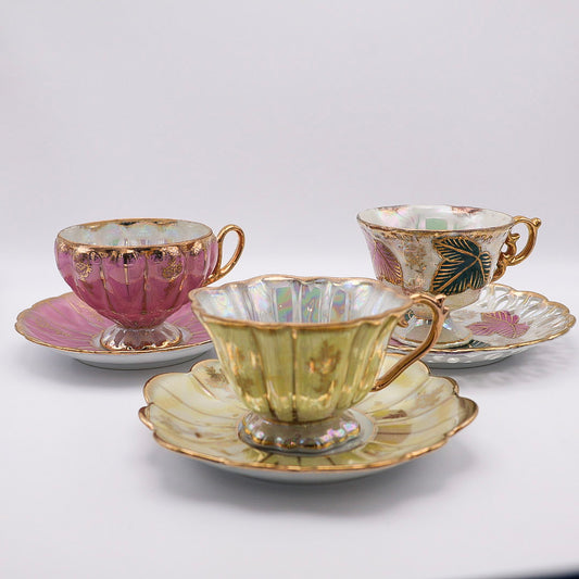 Fan Crest Iridescent Tea Cups with Saucers