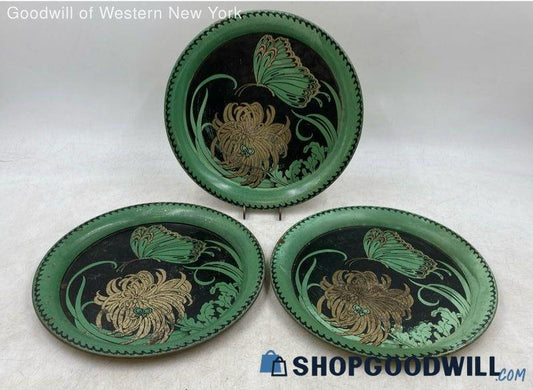 10" Green Floral Butterfly Round Metal Tray