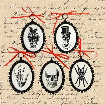 Halloween Skeleton Ornaments with Orange Satin Ribbon (set of 5)