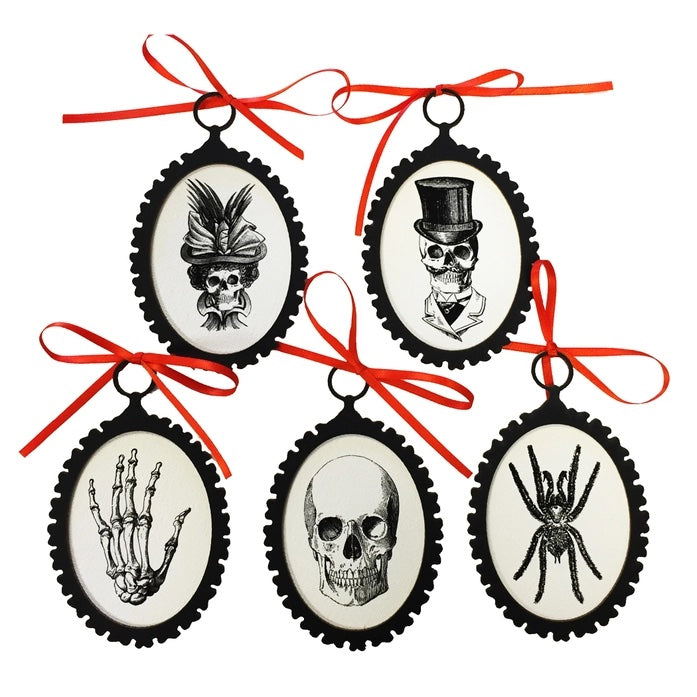 Halloween Skeleton Ornaments with Orange Satin Ribbon (set of 5)