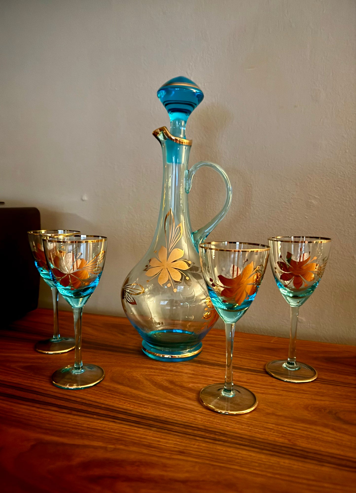 Romanian Cristiro Turquoise & Gold Glass Decanter Set (5-Piece)
