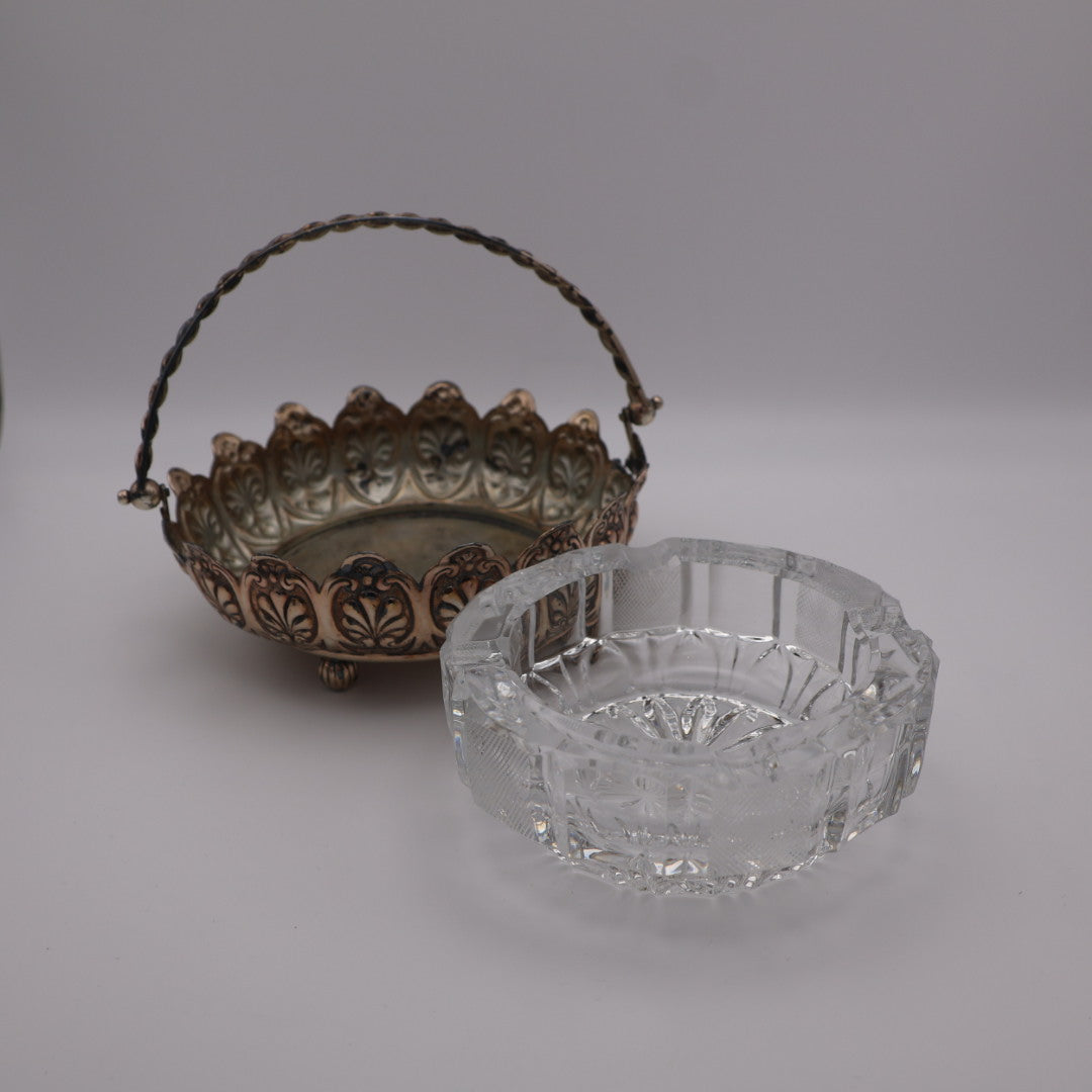 Vintage Glass Ashtray in Metal Basket