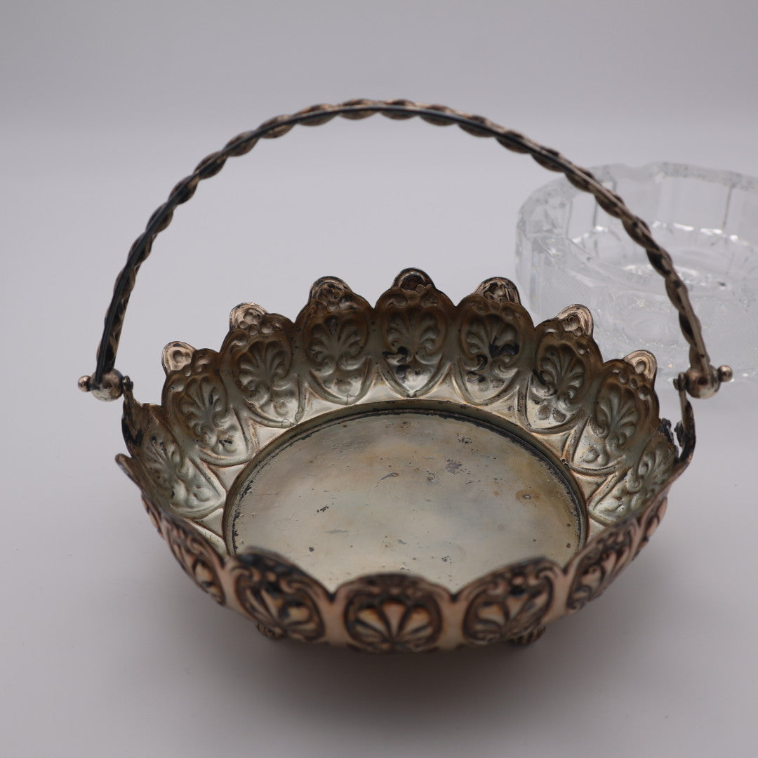 Vintage Glass Ashtray in Metal Basket