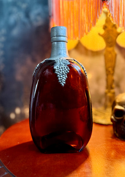 Amber Glass and Pewter Liquor Bottle with Grapes