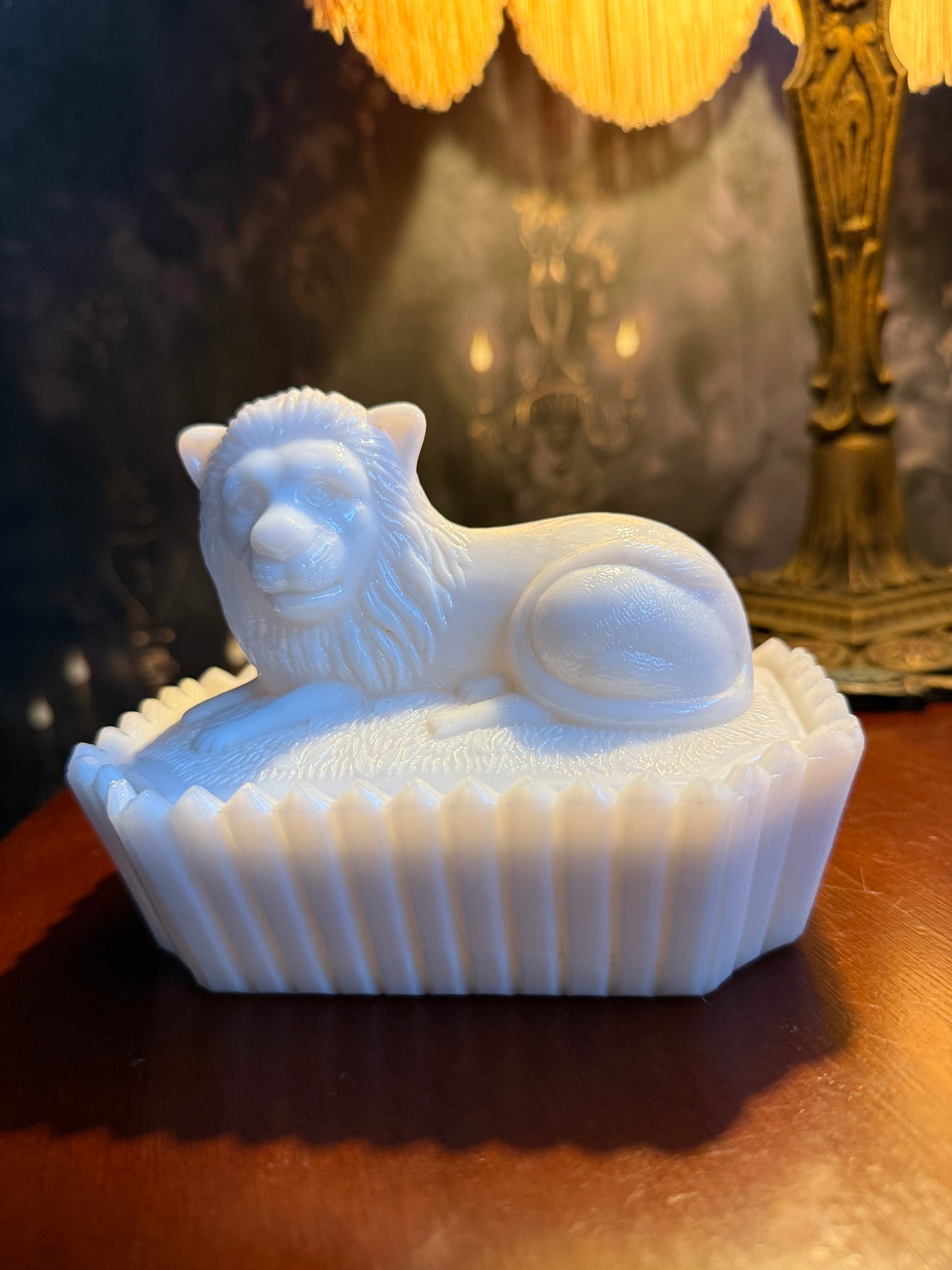 Westmoreland "Lion on Nest" Milk Glass Covered Dish