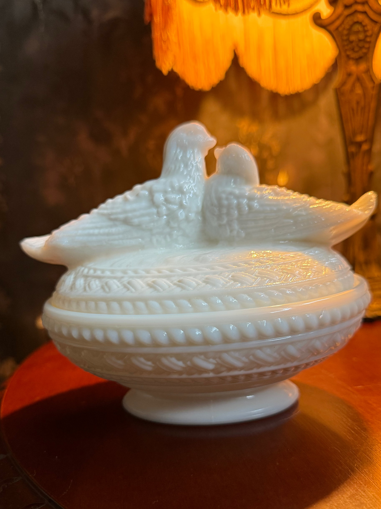 Westmoreland "Love Birds on Nest" Milk Glass Covered Dish