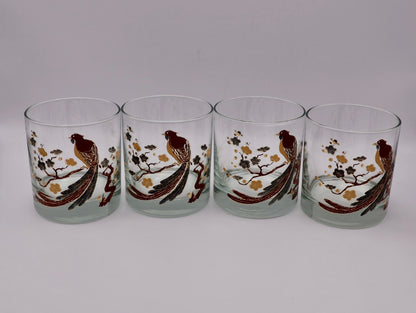 Mid-Century Modern Pheasant Lowball Glasses w/ Gold & Enamel Design (set/4)