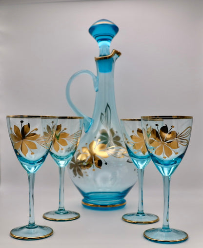 Romanian Cristiro Turquoise & Gold Glass Decanter Set (5-Piece)