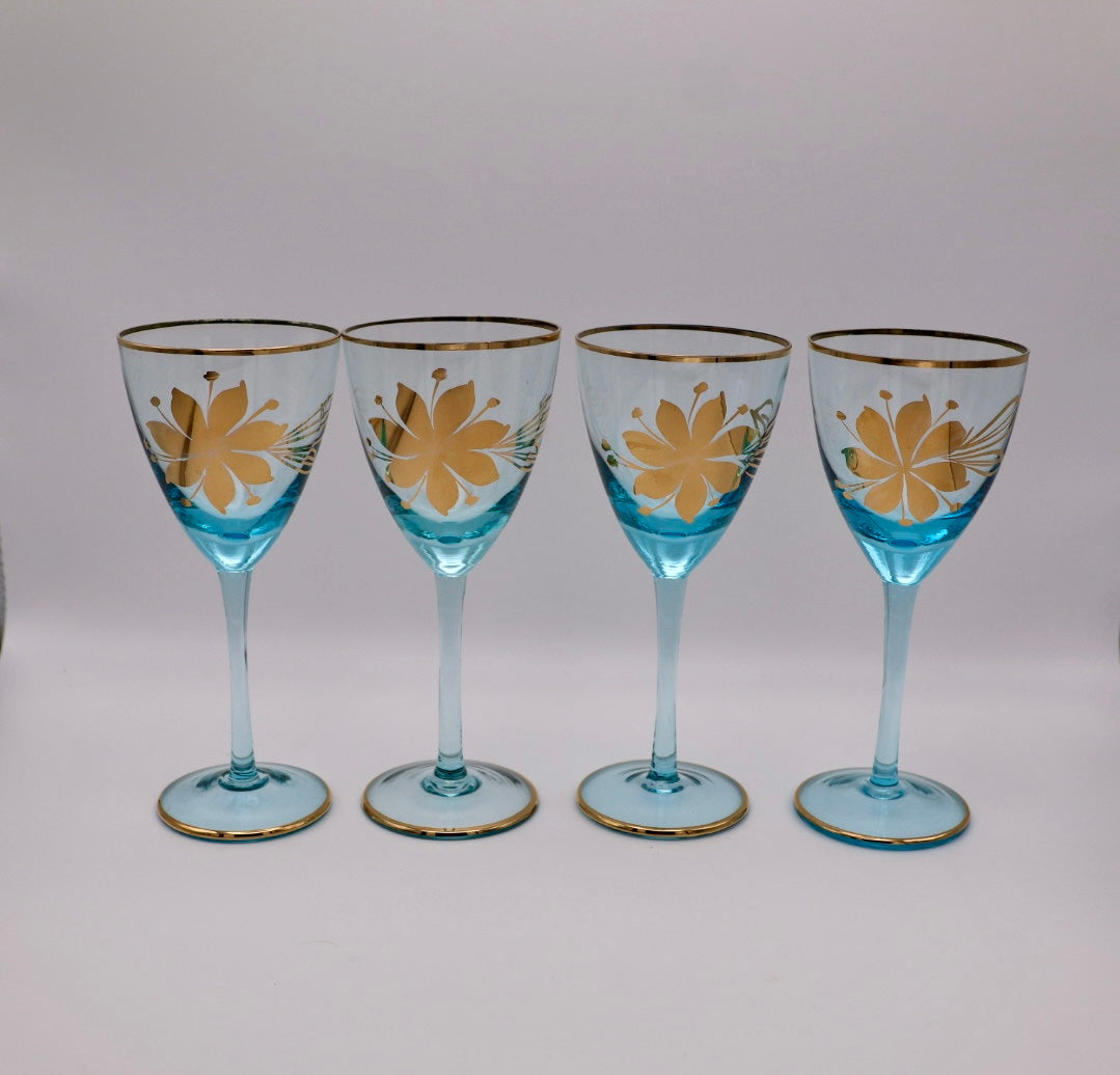 Romanian Cristiro Turquoise & Gold Glass Decanter Set (5-Piece)