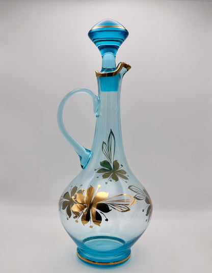 Romanian Cristiro Turquoise & Gold Glass Decanter Set (5-Piece)