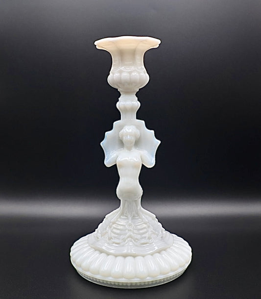 Portieux Vallerysthal Opaline Milk Glass Mermaid Candlestick