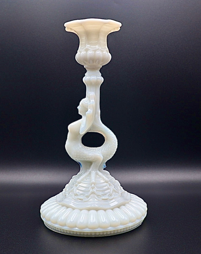 Portieux Vallerysthal Opaline Milk Glass Mermaid Candlestick
