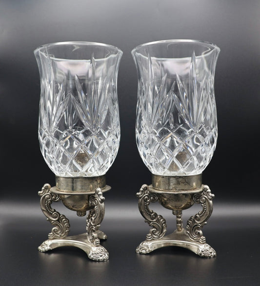 Pair of Early-Era Godinger Silverplate & Cut Crystal Hurricane Candle Sconces