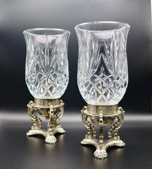 Pair of Early-Era Godinger Silverplate & Cut Crystal Hurricane Candle Sconces