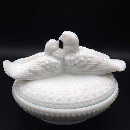 Westmoreland "Love Birds on Nest" Milk Glass Covered Dish