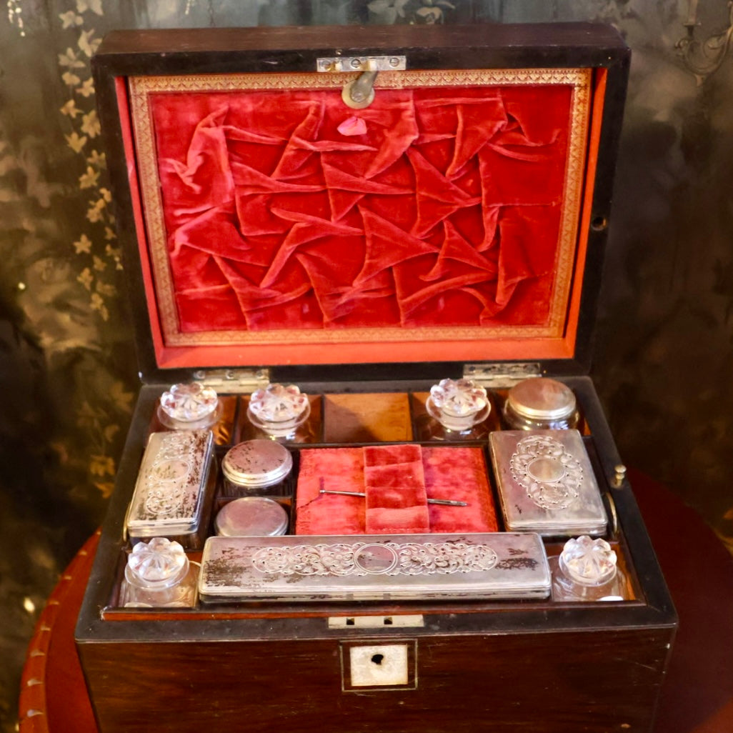 Antique Rosewood Traveling Dressing / Vanity Box with Accessories
