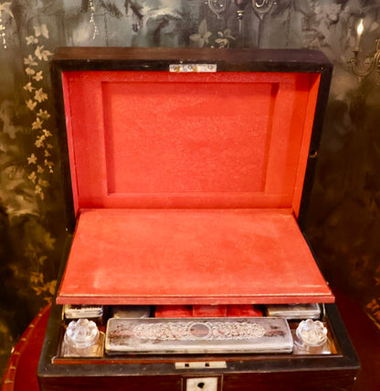 Antique Rosewood Traveling Dressing / Vanity Box with Accessories