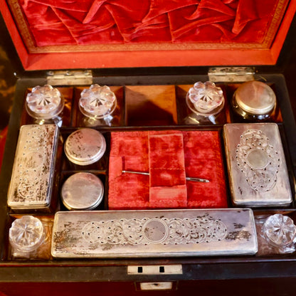 Antique Rosewood Traveling Dressing / Vanity Box with Accessories