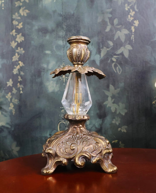 Victorian Revival Brass & Crystal Candlestick Holder