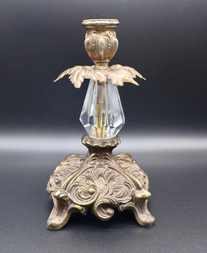 Victorian Revival Brass & Crystal Candlestick Holder