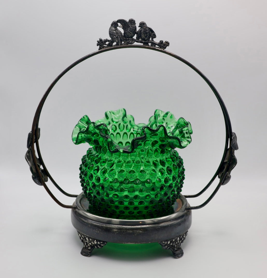 Antique-Style Silverplate Brides Basket with Emerald Green Hobnail Glass Bowl