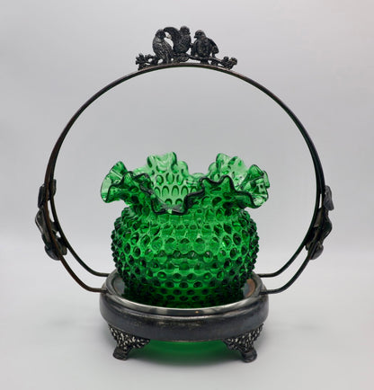 Antique-Style Silverplate Brides Basket with Emerald Green Hobnail Glass Bowl