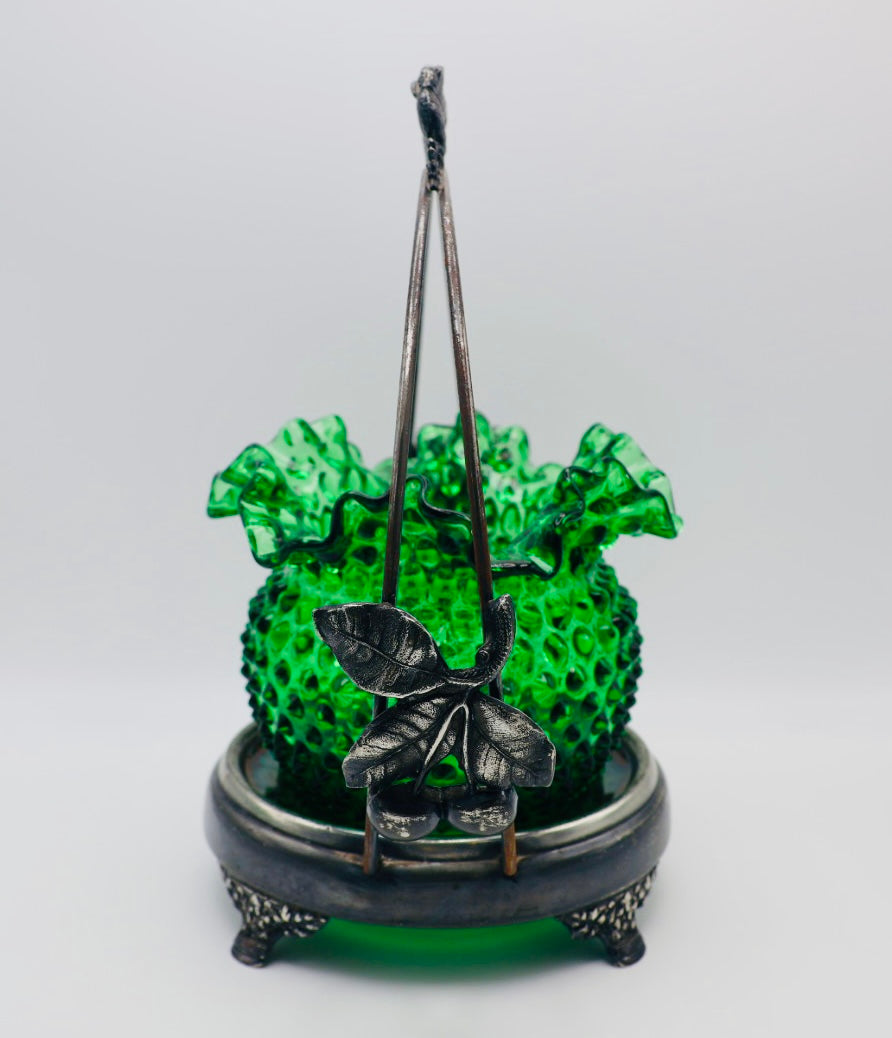 Antique-Style Silverplate Brides Basket with Emerald Green Hobnail Glass Bowl