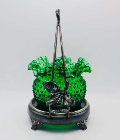 Antique-Style Silverplate Brides Basket with Emerald Green Hobnail Glass Bowl