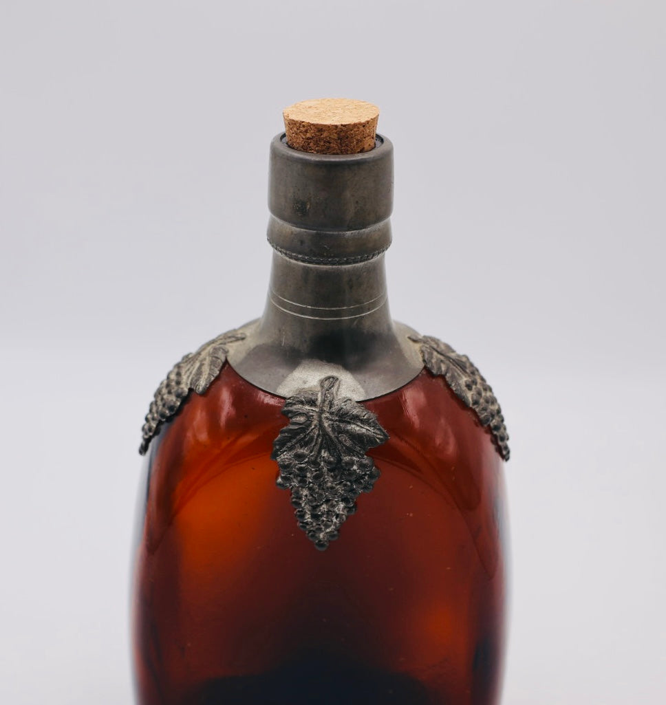 Amber Glass and Pewter Liquor Bottle with Grapes