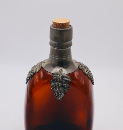 Amber Glass and Pewter Liquor Bottle with Grapes