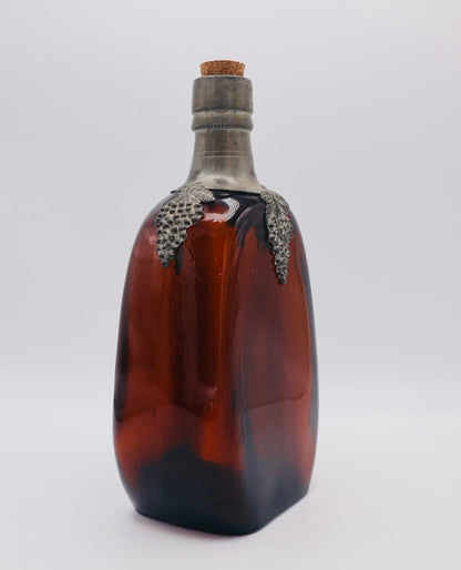 Amber Glass and Pewter Liquor Bottle with Grapes