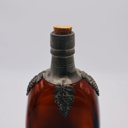 Amber Glass and Pewter Liquor Bottle with Grapes