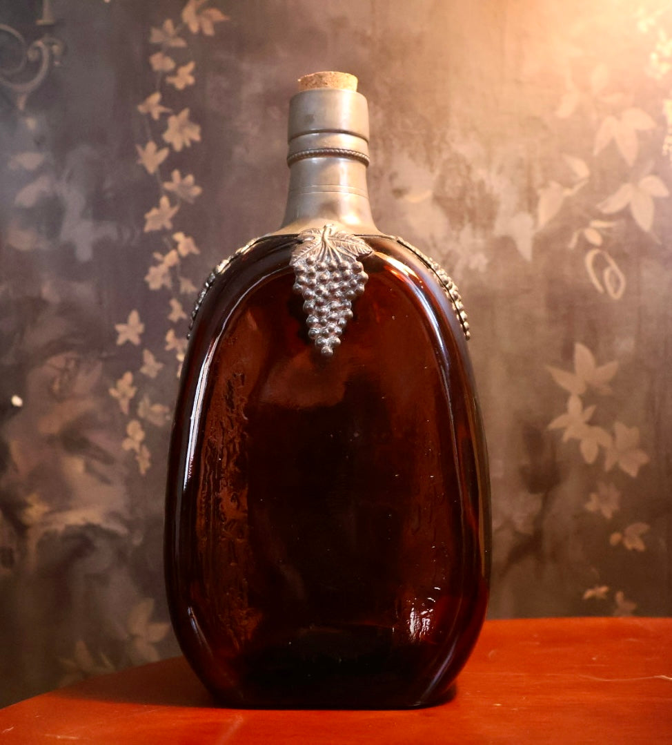 Amber Glass and Pewter Liquor Bottle with Grapes