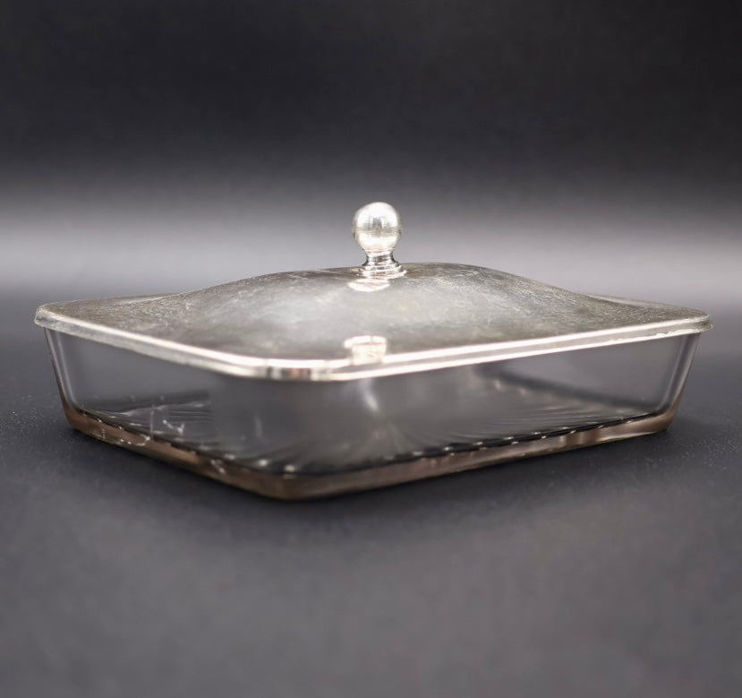 Vintage Mid-Century Glass Sardine Box with Silvertone Lid