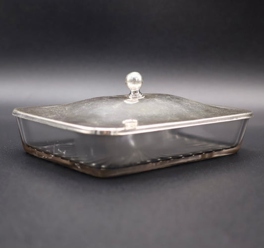 Vintage Mid-Century Glass Sardine Box with Silvertone Lid