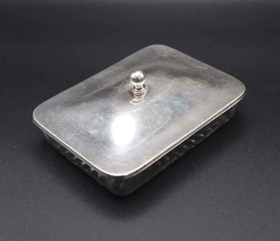 Vintage Mid-Century Glass Sardine Box with Silvertone Lid