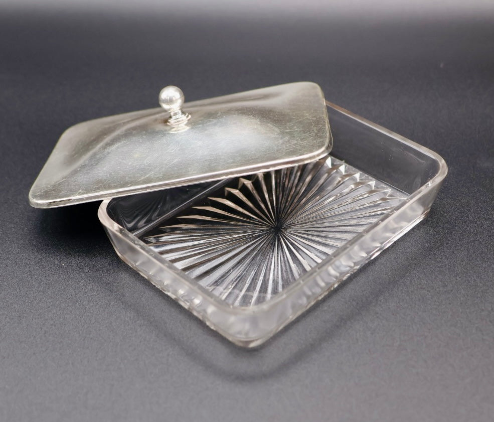 Vintage Mid-Century Glass Sardine Box with Silvertone Lid