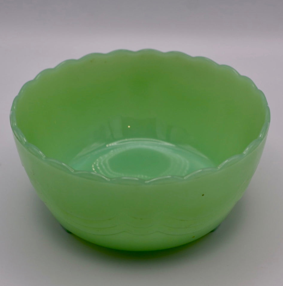 Vintage Fire-King Jadeite 3-Footed Scalloped Bulb Bowl
